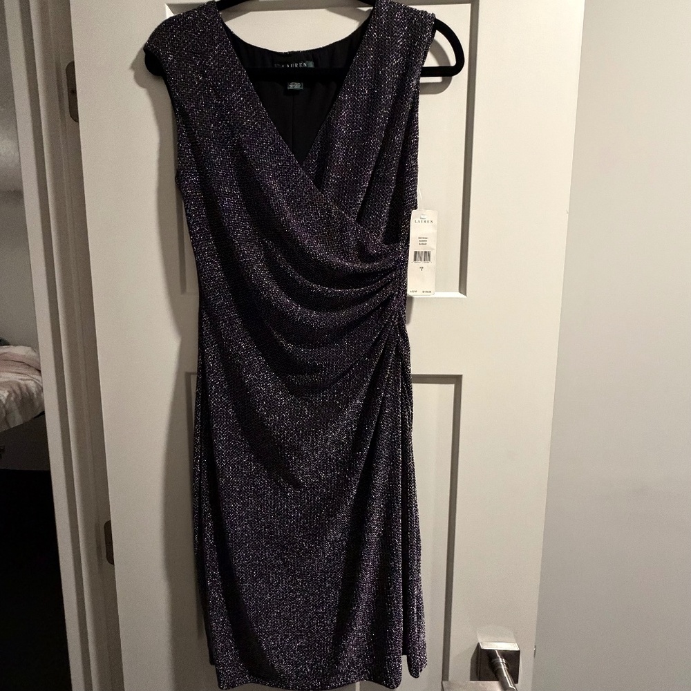 Lauren Ralph Lauren Metallic Ruched Sheath Dress Black Silver Size 6 NWT